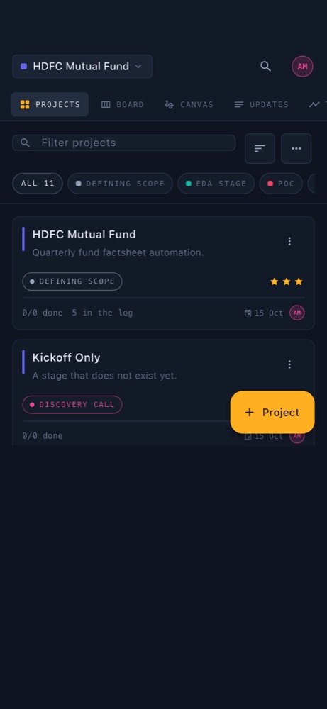 The project list on the phone